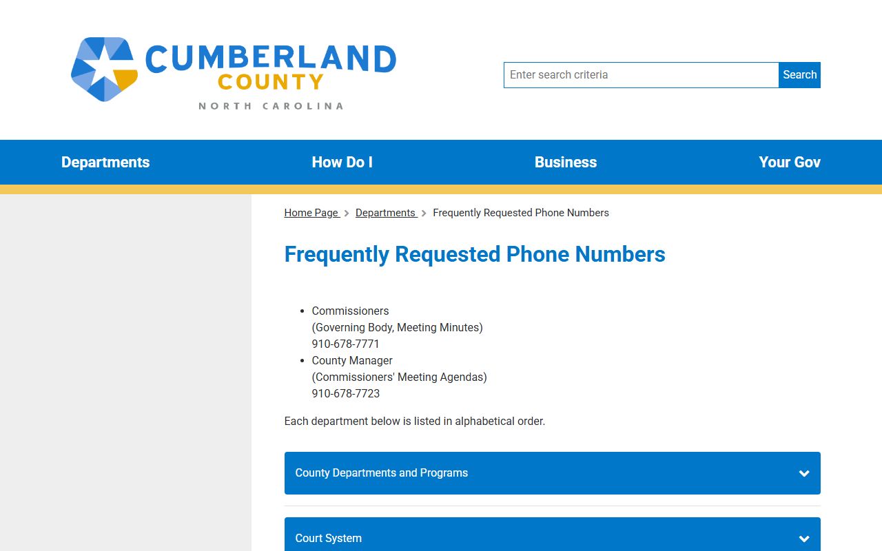 Cumberland County frequently requested phone number table