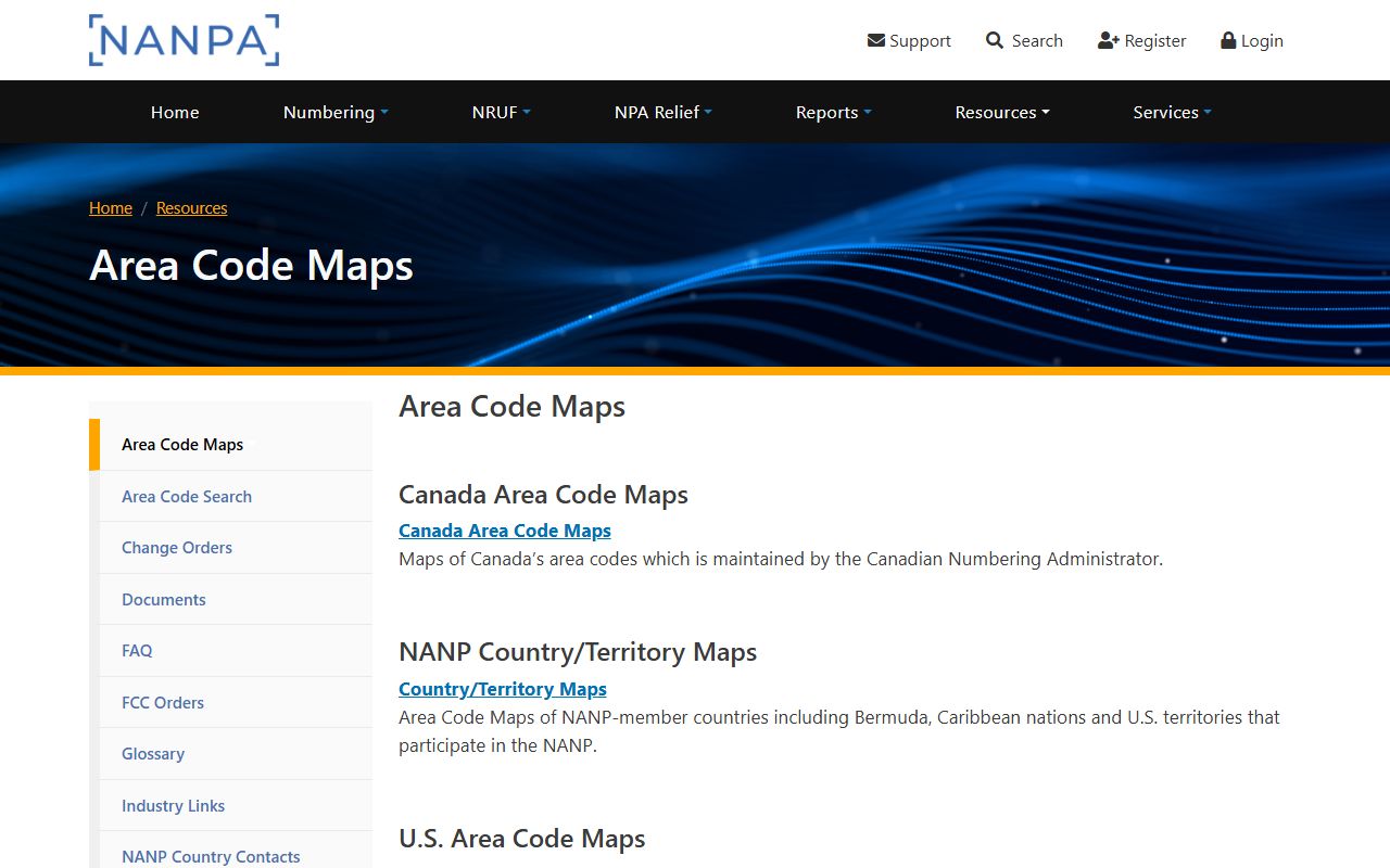 NANPA area-code map resource for Cumberland County area codes