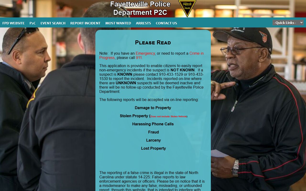 Fayetteville Police P2C online incident reporting page for non-emergency reports