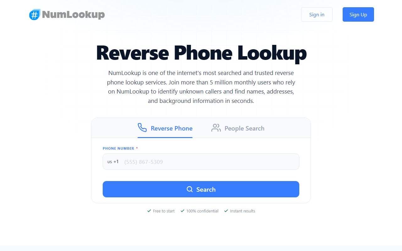 NumLookup third-party reverse phone number search interface